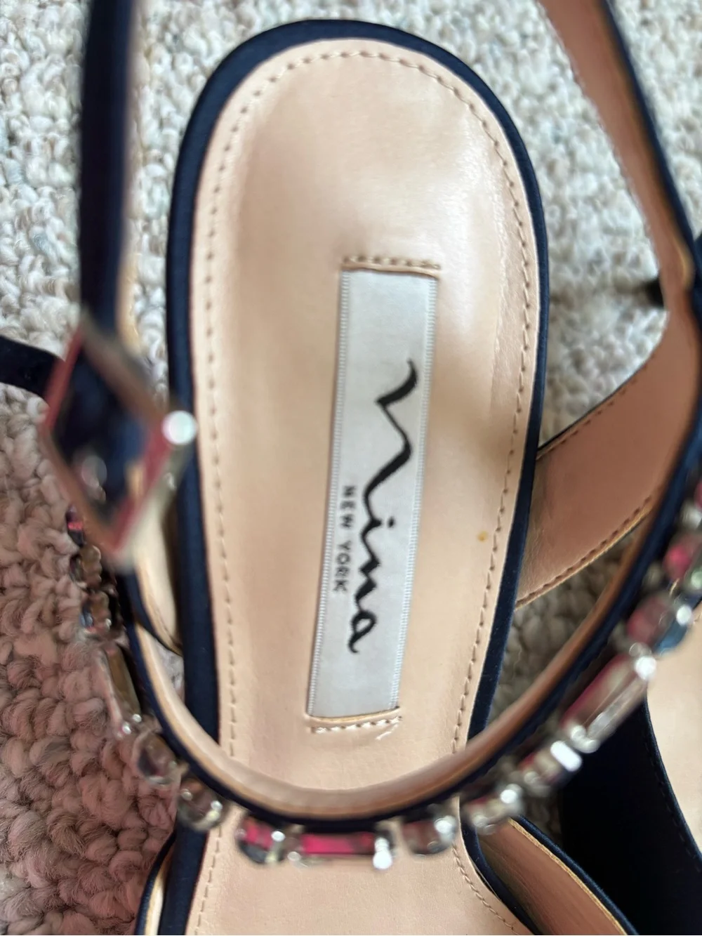 Nina New York Navy Slingback Heels with Crystal Embellished Strap -